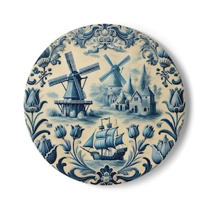 Vintage Dutch Ceramic Coaster, Delft Blue, Nautical Home Decor, Gifts for Sailors, Tea Lovers, Windmill, Windmill decor, Dutch vintage, Blue