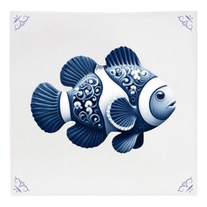 May include: A blue and white patterned clownfish with intricate details. The fish is on a white background with blue corner designs.