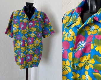Men's Hawaiian cotton Summer Shirt colorful Floral Shirt Short Sleeve Men Top Shirt Button up Beach Party Hipster Chemise Light Shirt Size L
