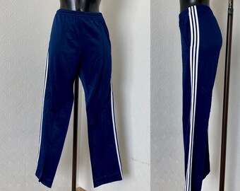 1990's Men's Adidas Navy Blue 3 White Stripe Track Teen Pants Striped Blue Trousers Hipster Young Teen Vintage Style Athletic Pants Size M