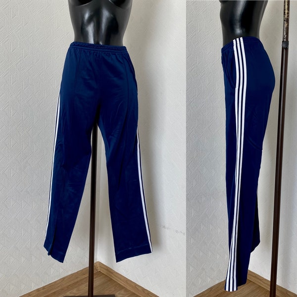 1990's Men's Adidas Navy Blue 3 White Stripe Track Teen Pants Striped Blue Trousers Hipster Young Teen Vintage Style Athletic Pants Size M