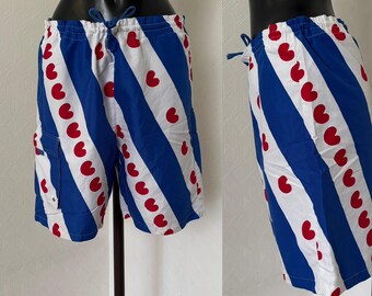 90's Men's Vintage Beach Shorts Boardshorts Blue Striped Heart Print Swimming Shorts Hipster Beach Style Shorts Size S MEASURE'S BELOW
