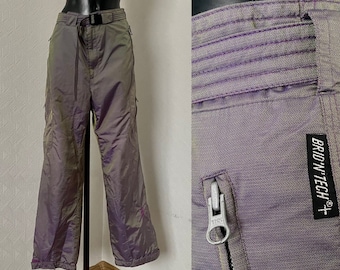 Calças de esqui camaleão de cintura alta vintage dos anos 90, calças roxas e verdes, macacão de neve hipster, roupa de inverno unissex, roupa de neve, calças quentes, snowboard, tamanho antigo, M