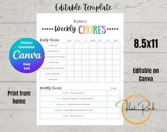 Chore Chart, Printable Editable Daily & Weekly Kids Chore Responsibility Chart, Instant Download, Kids Routine Chart, Digital Download