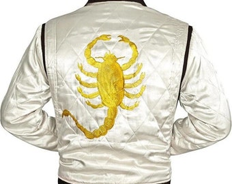 Ryan Gosling Drive Scorpion White Satin Lightweight Casual Bomber Varsity Sports Biker Drive Jacket