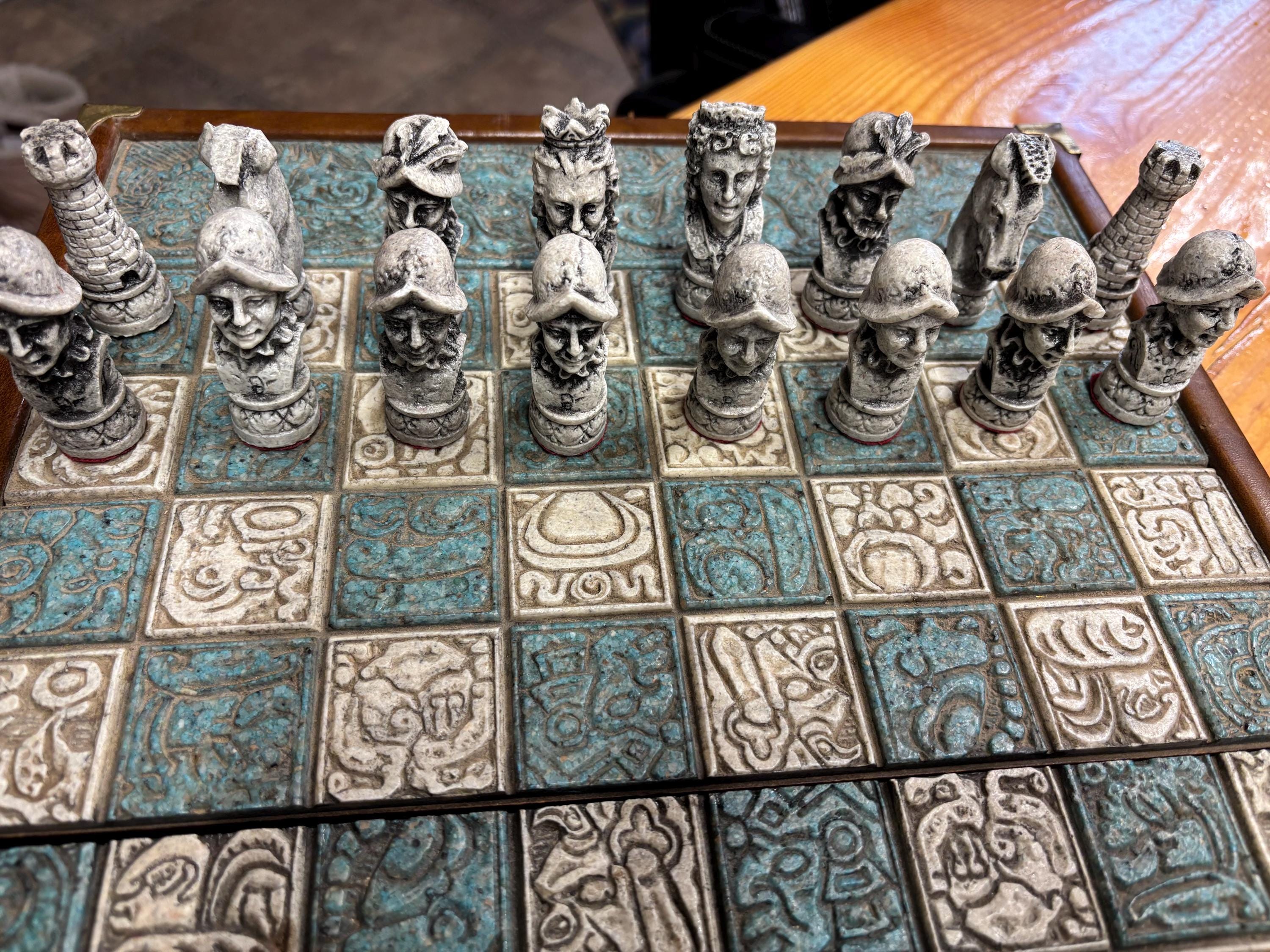 Vintage Folding Aztec Mayan & Conquistadors Chess Set ~ Turquoise