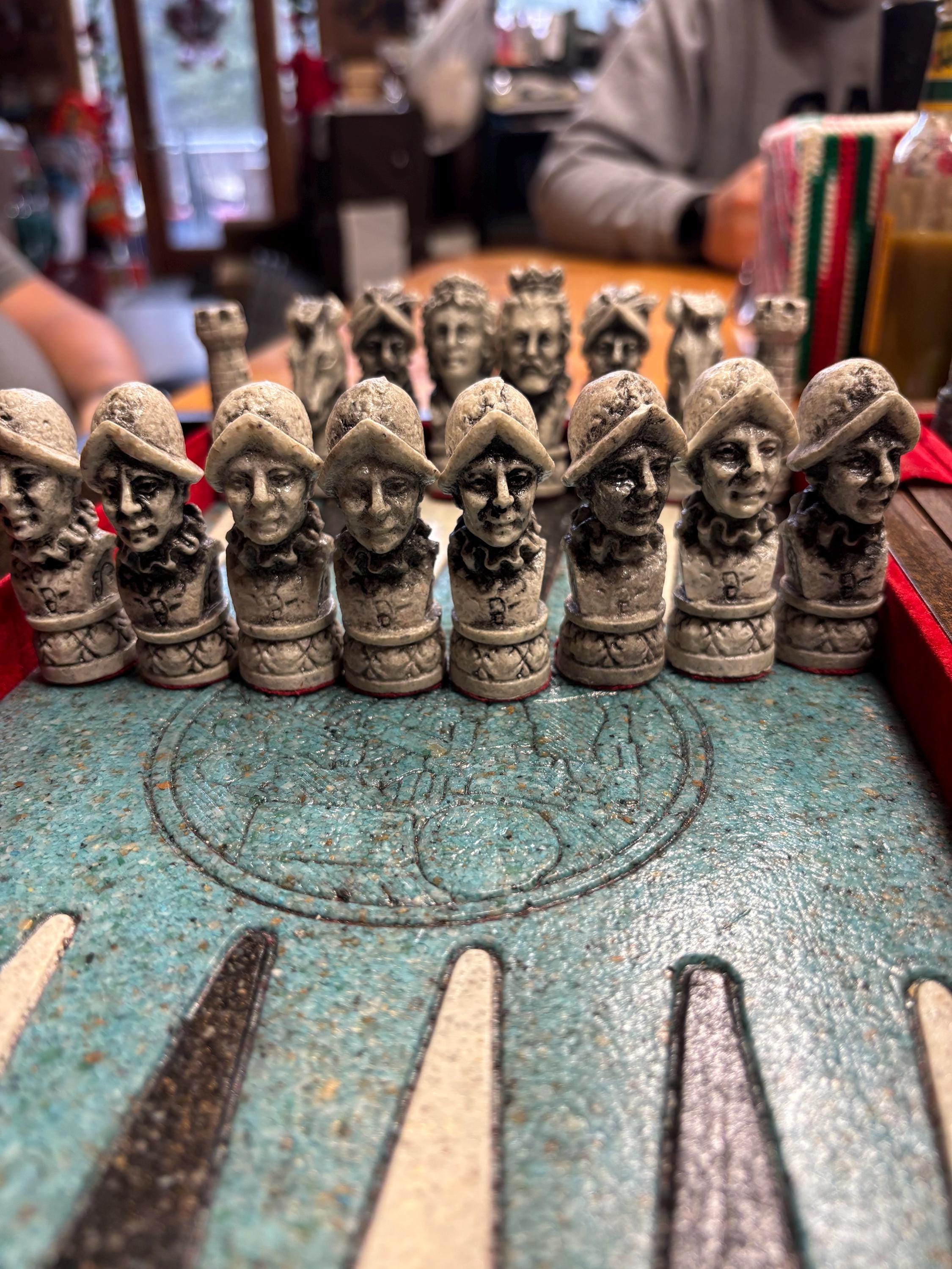 Vintage Folding Aztec Mayan & Conquistadors Chess Set ~ Turquoise