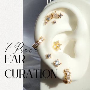 Ear Curation 7 Piece Set Hoop Ear Piercing Helix Conch Earring Stud Earrings Zirconia Lobe Earring Flat 18K Gold Plated 925 Sterling Silver