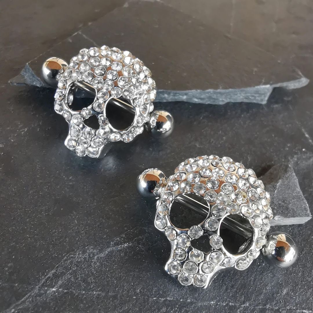 Shield Pierced Nipple Piercing Skull Gem Nipple Bar Shields Diamond Skull Nipple ...