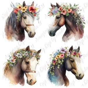 Paarden bloemenkransen Paardenafbeeldingen digi-stempels DIY-projecten scrapbooking wenskaarten handgemaakte bloemsierkunst, PNG transparante waterverf