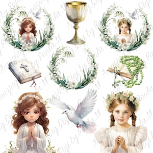 Clipart Primera Comunión, Clipart Acuarela Primera Comunión para Niñas, Clipart Primera Comunión para Niños, Biblia, Rosario, Cáliz
