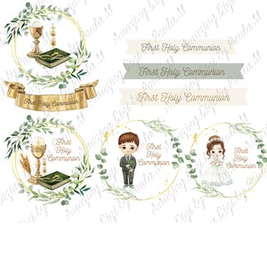 Primera Comunión Clipart, Acuarela Clipart Primera Comunión para Niñas, Primera Comunión Clipart para Niños, Biblia, Rosario, Cáliz