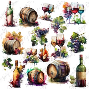 Weingrafik Fass Digi-Stempel Traubenflasche Glas Scrapbooking Grußkarten Handarbeit Floristik, transparentes PNG-Aquarell