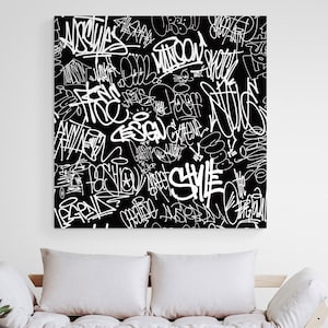 Black and White Graffiti Canvas Wall Art - Street Art Inspired Home Decor - Black and White Home Decor
