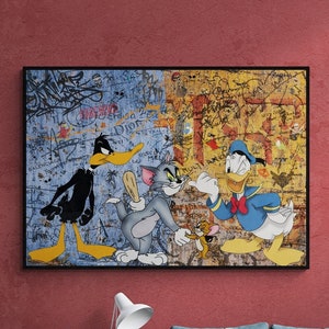 Poster con cornice in stile graffiti, stile cartone animato Tom e Jerry, belle arti, arte murale con personaggi dei cartoni animati Paperino e Daffy Duck