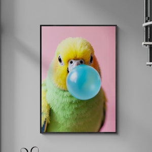Fine Art Pop Art Parrot with Bubblegum Print  - Framed Whimsical Animal portrait Photography Wall Art - Home Decor