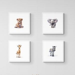 Adorable Safari Animal Set - 4 Piece Nursery Wall Art, Framed Watercolor Baby Lion, Zebra, Giraffe, Elephant , Kids Wall Decor