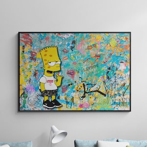 Graffiti Style Simpsons Cartoon Mixed Media Poster Wall Art - Colorful Abstract Framed Wall Art with the Simpsons Cartoon Character