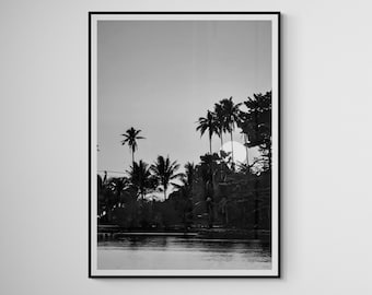 Impresión de puesta de sol de playa tropical en blanco y negro de bellas artes - Fotografía de bellas artes enmarcada - Palmeras y decoración de pared con vista al mar