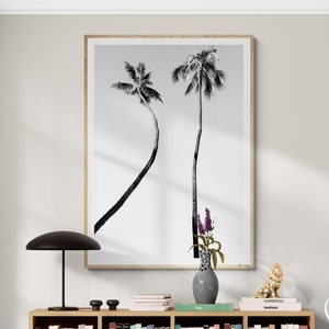 Impressão de praia com palmeiras de belas artes - Fotografia tropical emoldurada em preto e branco - Decoração de parede do oceano