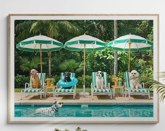 Dogs by Pool Print - Retro Poolside Dogs Wall Art - Luxury Beach House Decor - Framed Photography print - Tropical Wall Decor