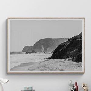 Fine Art Black and White Photography Print - Algarve Coastline Minimalist Framed Print - Portugal Beach and Cliffs Wall Art - Home Decor image 1