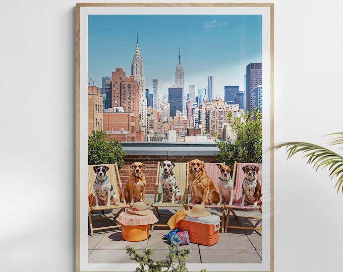 NYC Rooftop Dogs Print – Framed Manhattan Skyline Animal Wall Decor