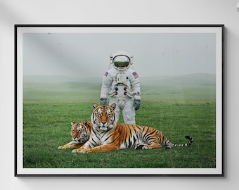 Astronaut and Tigers Fine Art Print - Cosmic Safari Wall Art - Surreal Framed Wall Decor