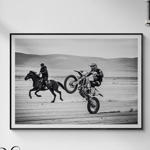 Fine Art Motorcycle and Horse Race Vintage Print - Black and White Action Photography -  Framed Racing Wall Art - Adventure Wall decor