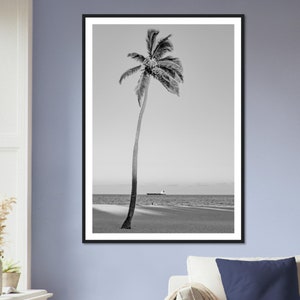Fine Art strandafdruk - zwart-wit palmstrandafdruk - ingelijste kunstfotografie kustmuurkunst woondecoratie