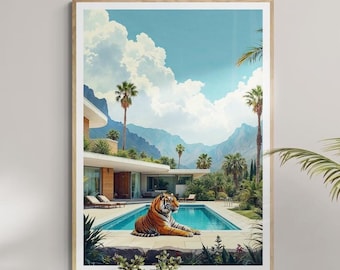 Tiger by Pool Print - Palm Springs Modern Wall Decor - Framed Luxury Villa Wall Art -  Exotic Animal Wall Decor