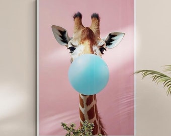 Fine Art Giraffe Bubble Gum Portrait Print - Framed Fine Art Animal Portrait - Fun and Whimsical Wall Art Home Decor
