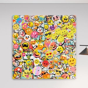 Fine Art Abstract Emoji Face Print - Mixed Media Emoji Faces Canvas Wall Art  -  Playful and Vibrant Home Decor