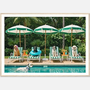 Dogs by Pool Print - Retro Poolside Dogs Wall Art - Luxury Beach House Decor - Framed Photography print - Tropical Wall Decor