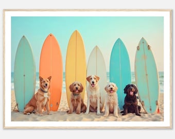 Fine Art Surf Dogs Print - Dogs and Surfboards Beach Print - Framed Fine Art Photography - Ocean Wall Art Coastal Home Decor