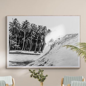 Fine Art Black and White Surf Print - Ocean Wave Palm Trees Beach House Coastal Framed Fine Art Photography Wall Art Home Decor