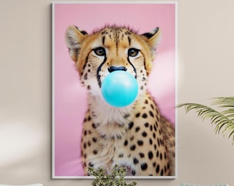 Fine Art Cheetah Bubble Gum Print - Framed Quirky Cheetah Portrait Fine Art Print - Whimsical Animal Wall Art Home Decor