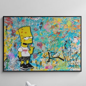 Graffiti Style Simpsons Cartoon Mixed Media Poster Wall Art - Colorful Abstract Framed Wall Art with the Simpsons Cartoon Character