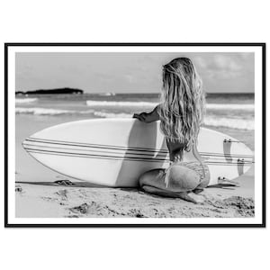 Framed Print Black and White Fine Art Photography of Girl with Surfboard on Beach - Coastal Wall Art - Beach Decor