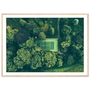 May include: An aerial view of a green tennis court surrounded by lush green trees. The court is surrounded by a white fence and has a green surface. The trees are tall and leafy, and the ground is covered in grass.