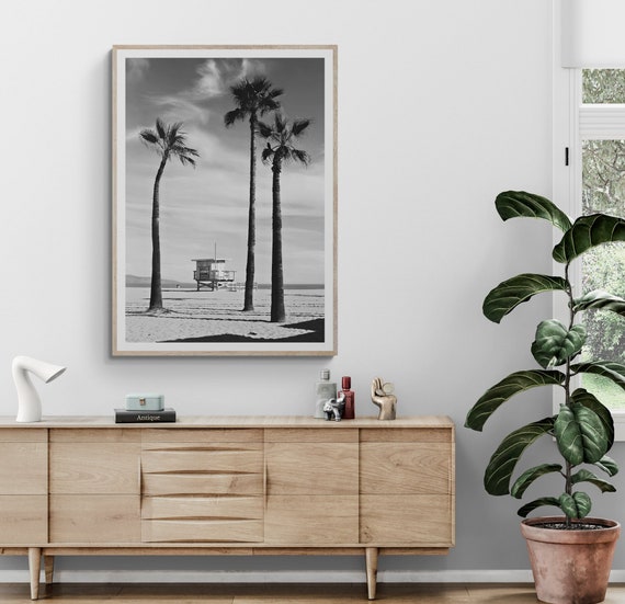 Venice Beach Palm Tree Print - Framed Black and White California Photography - Home Decor