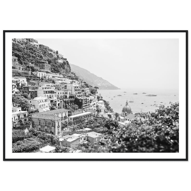 Framed Positano Print – Black and White Amalfi Coast Photography 70x100 cm / 28x40″