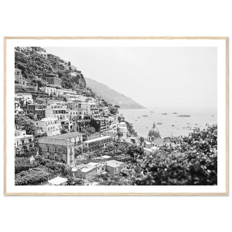 Framed Positano Print – Black and White Amalfi Coast Photography image 1