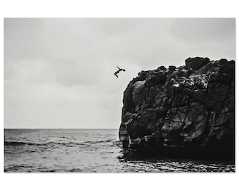 Fine Art Cliff Jump Print - Unframed Black and White Fine Art Photography, Ocean Minimalist Print , Lifestyle Diver Cliff Jump, Home Decor
