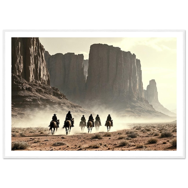 May include: A group of six cowboys riding horses through a dusty desert canyon. The cowboys are silhouetted against the bright sky and the towering rock formations.