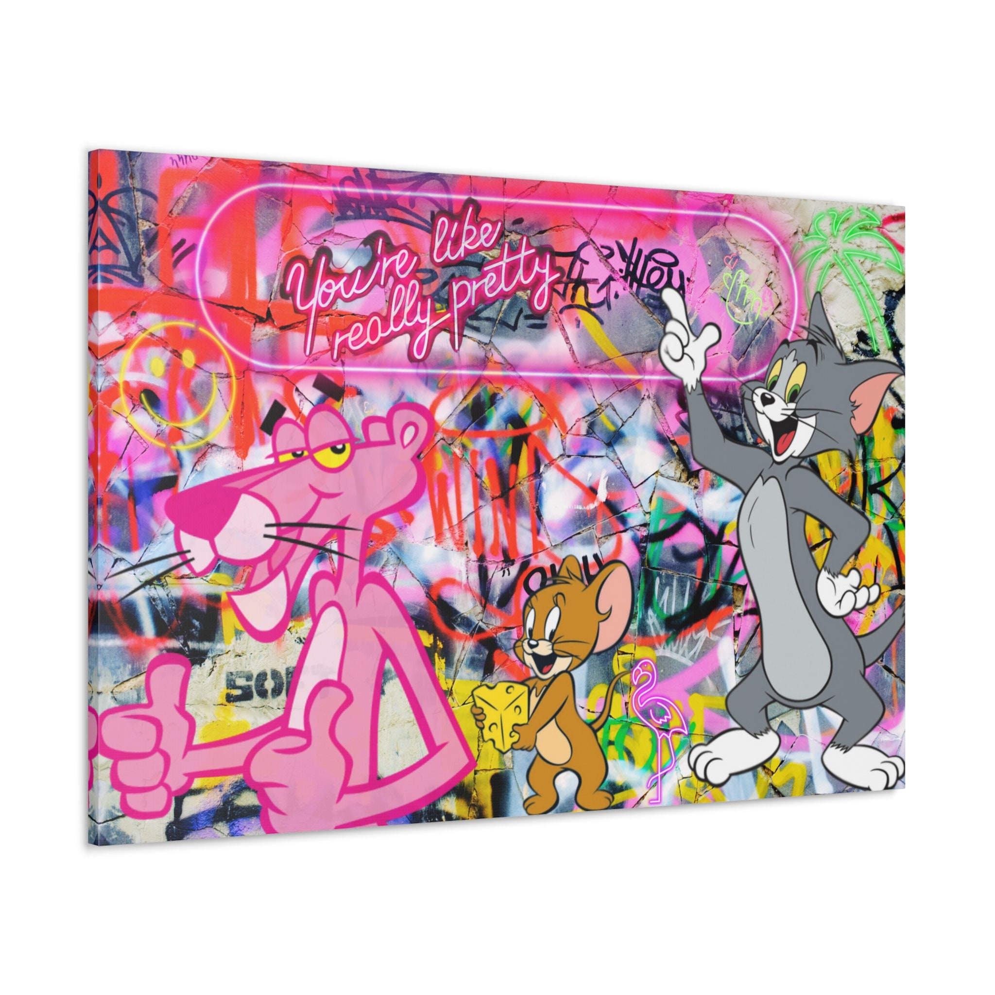 Cartoon Graffiti Wall Art With Pink Panther and Tom and Jerry Abstract Original Canvas Wall Art