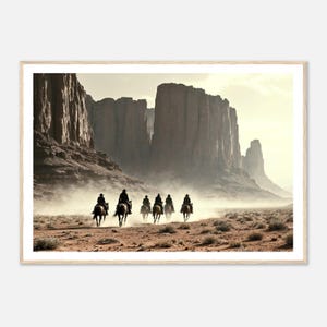 May include: A group of six cowboys on horseback ride through a desert canyon. The cowboys are silhouetted against the bright light of the setting sun. The canyon walls are tall and rugged, and the sand is a light brown colour.