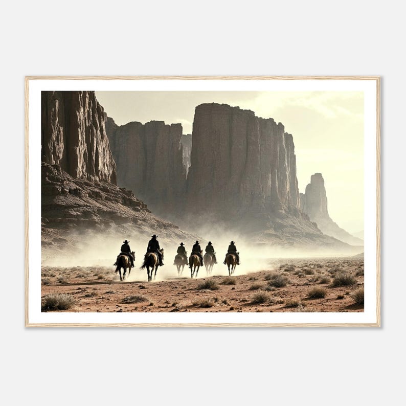 May include: A group of six cowboys on horseback ride through a desert canyon. The cowboys are silhouetted against the bright light of the setting sun. The canyon walls are tall and rugged, and the sand is a light brown colour.