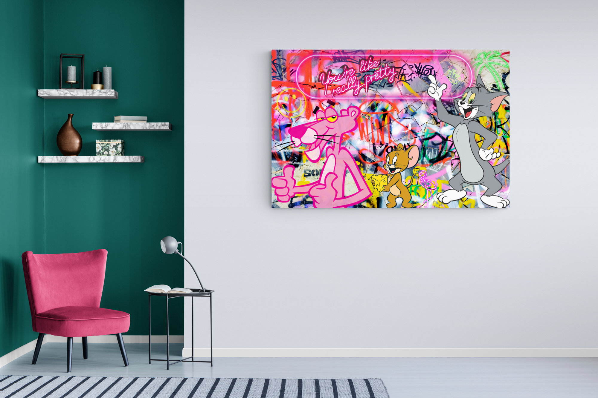 Cartoon Graffiti Wall Art With Pink Panther and Tom and Jerry Abstract Original Canvas Wall Art