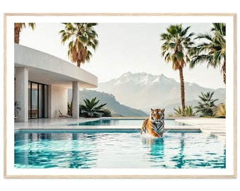 May include: A tiger walks through a swimming pool in front of a modern house with palm trees and a mountain range in the background.